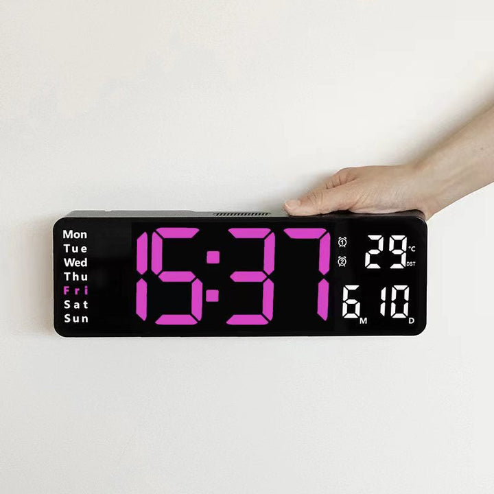 Set of digital LED wall clock and its remote control, ready for easy setup and use