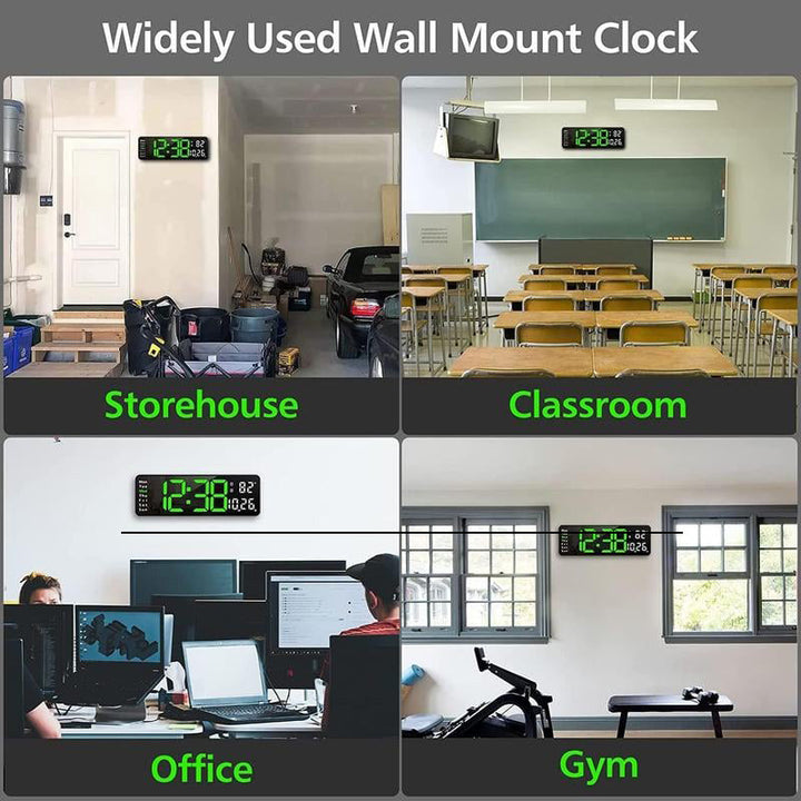 Sleek black digital wall clock with bright LED numbers, perfect for office or home settings