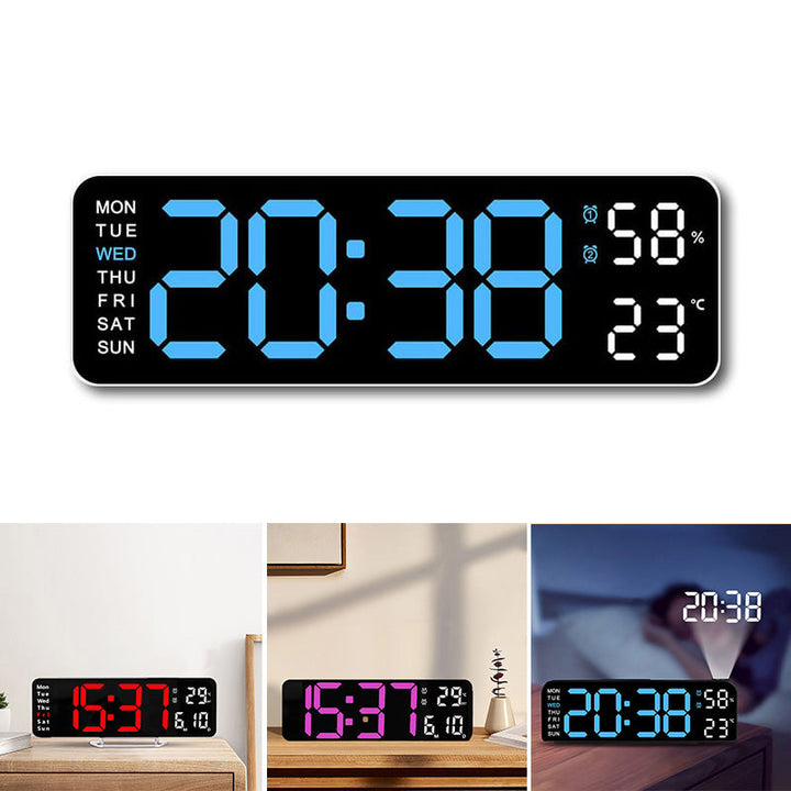 Digital LED wall clock functioning as an alarm clock, with alarm indicator visible