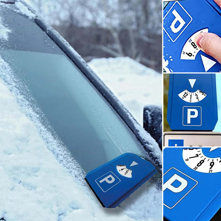 Close-up of the digital display on a parking timer, ready for use, with attached scraper.