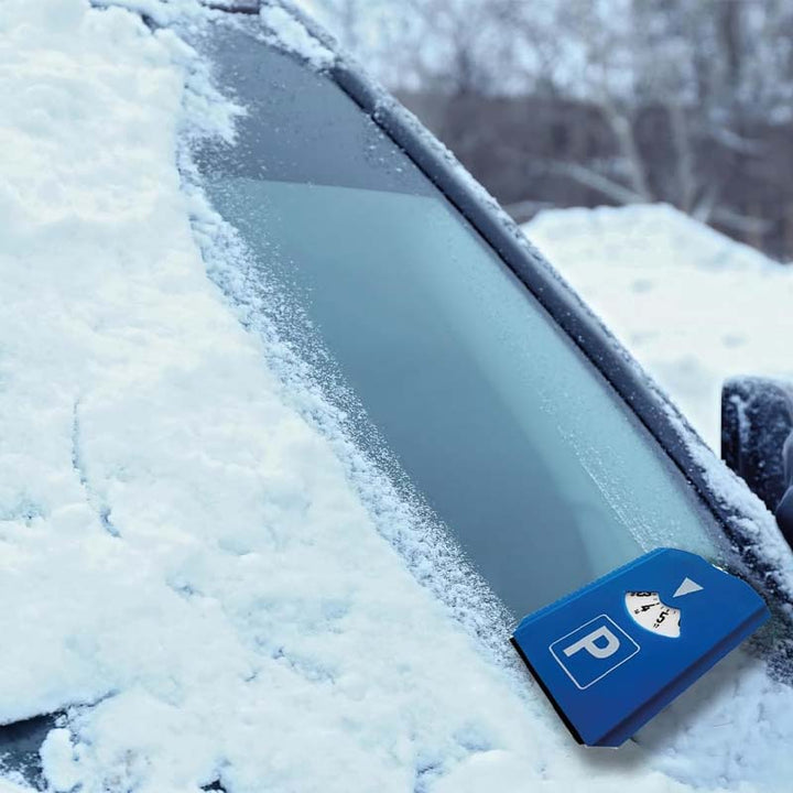 Hands-on view of digital parking timer and scraper combo, a useful vehicle accessory.