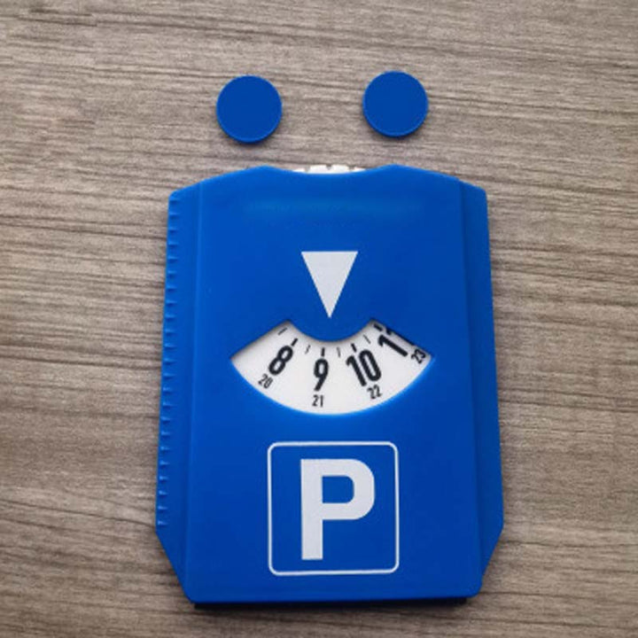 Product shot of a digital parking timer designed for cars, includes a practical scraper.