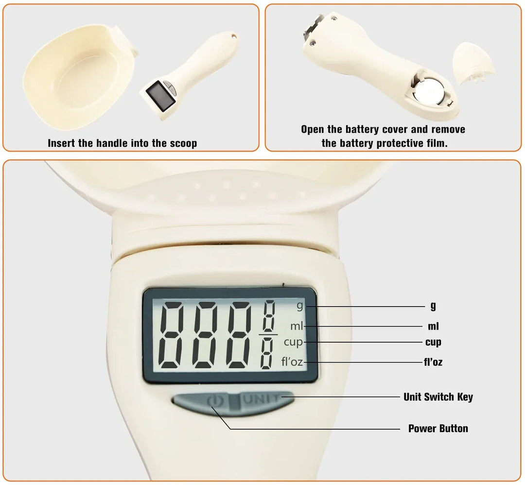Ergonomic digital pet food scoop scale, white with a comfortable black handle, for precise feeding
