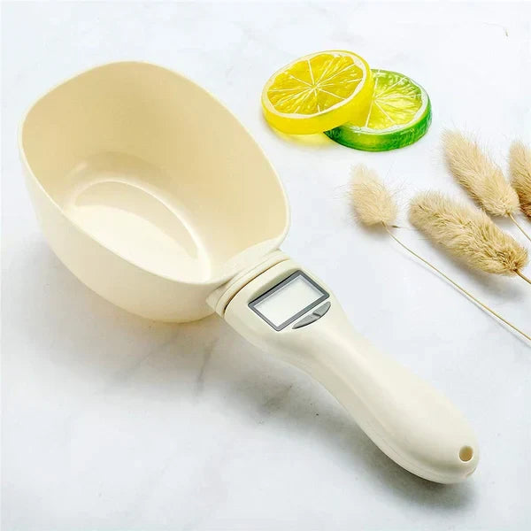 Side view of modern digital pet food measuring scoop scale, showing sleek design