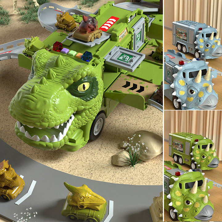 Colorful dinosaur transforming truck and track toy set, a captivating gift for birthdays and holidays