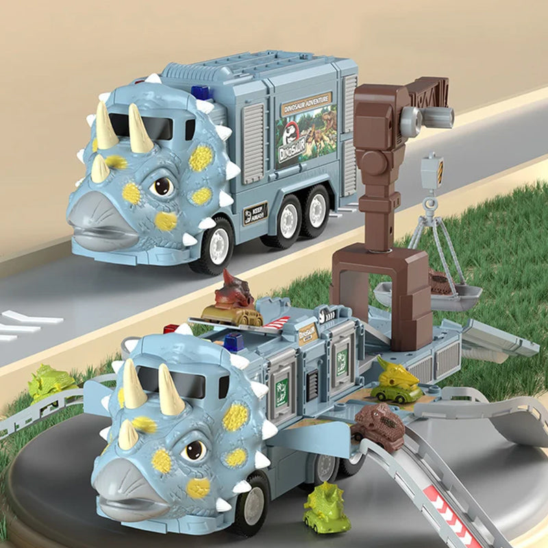 Dinosaur car transforming truck toy with a complete track system for children's interactive play