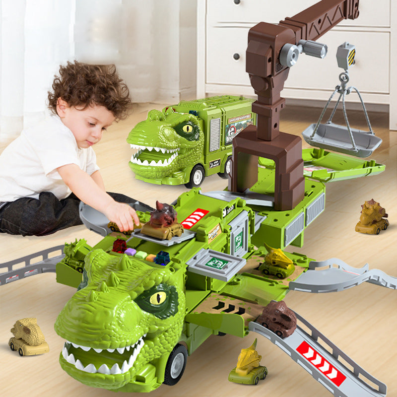 Dinosaur car play set with a transforming truck and buildable track for children's imagination