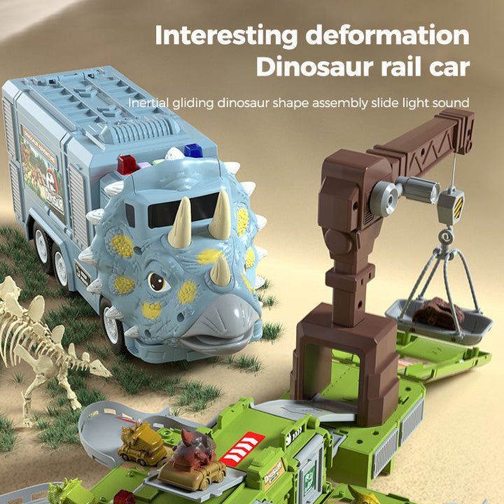 Boys' dinosaur transforming truck toy that opens into an exciting track for vehicles and cars