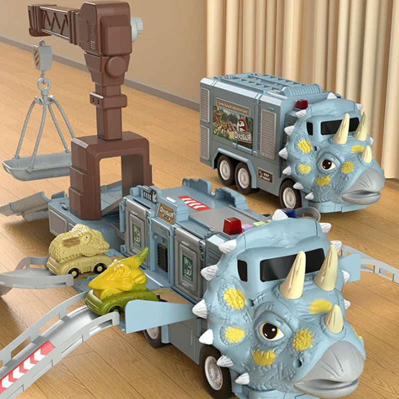 Girls' dinosaur transforming truck and track play set, fostering creative play and STEM skills