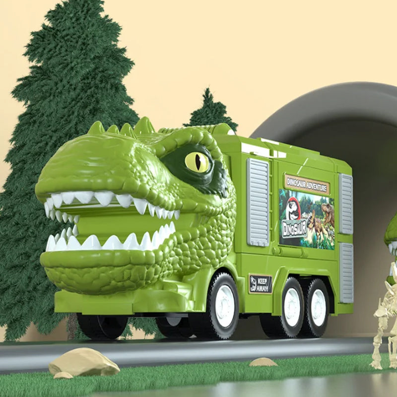 Dinosaur truck toy transforming into an expansive track system for endless kids' play adventures