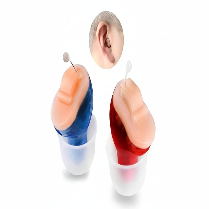 Compact, rechargeable in-ear hearing enhancers for adults, offering improved sound and audio clarity.