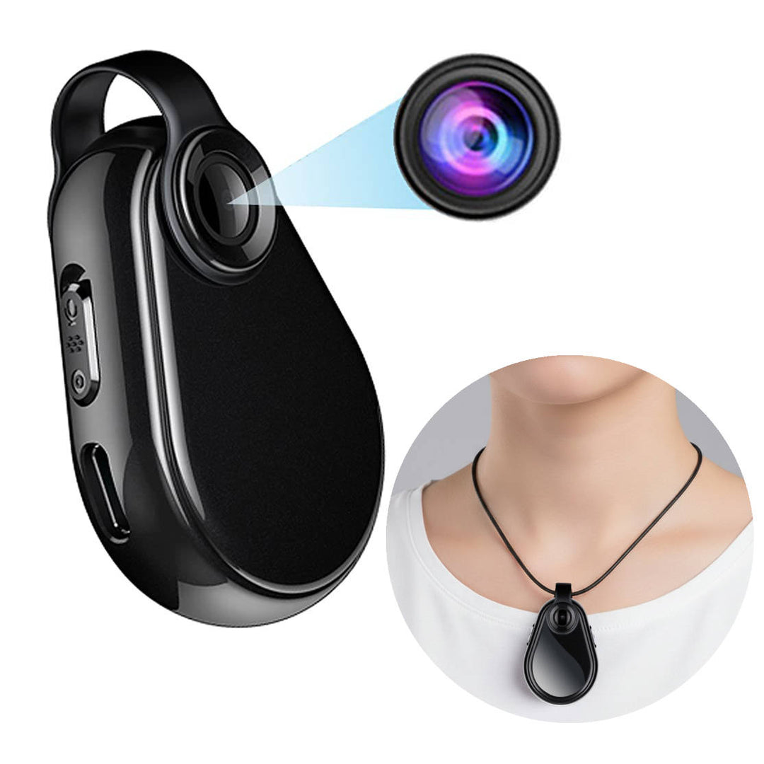 Discreet unisex hidden camera necklace for covert video and audio recording, perfect for portable surveillance.