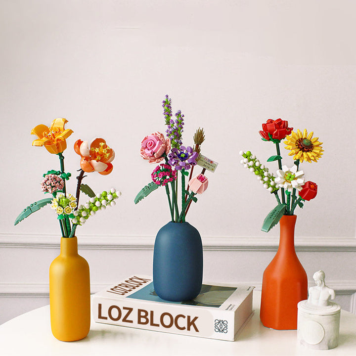 DIY botanical building block bouquet, colorful plastic flowers for adult craft & home decor.