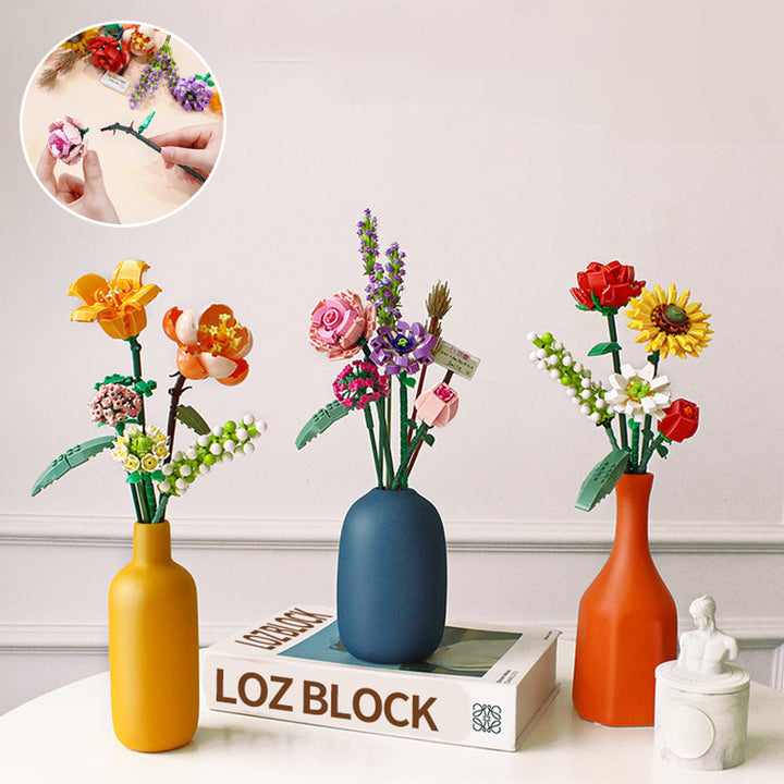 Hands assembling a DIY botanical building block bouquet, engaging adult craft.