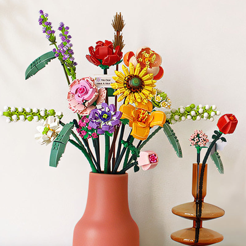 Detailed image of a DIY botanical building block bouquet, perfect for adult craft enthusiasts.