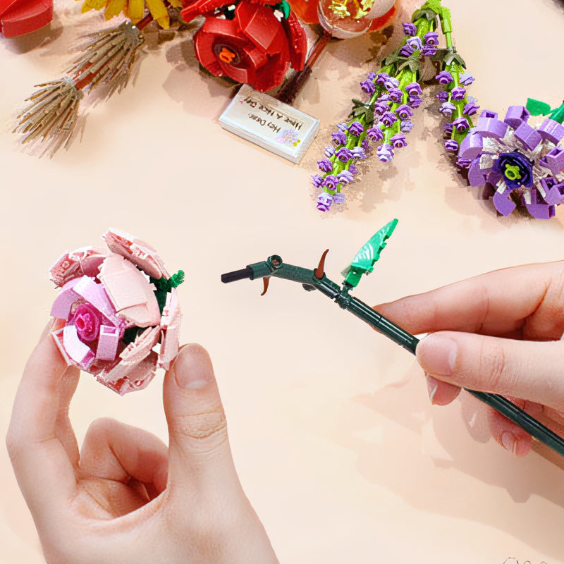 Close-up of DIY building blocks forming a botanical bouquet, an adult craft project.