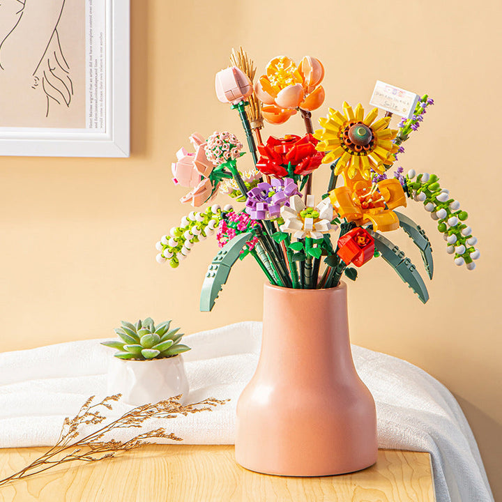 Completed botanical building block floral arrangement, an elegant adult craft display.