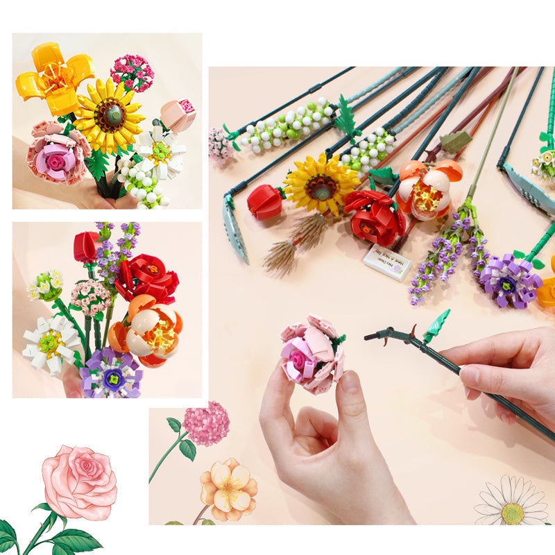 Adult craft DIY botanical building block bouquet, perfect for a creative home decor.