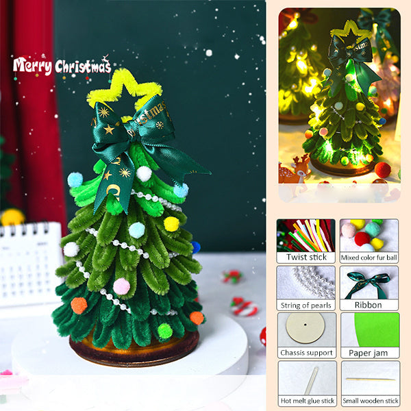 DIY craft Christmas tree kit laid out with instructions, ready for a creative holiday activity