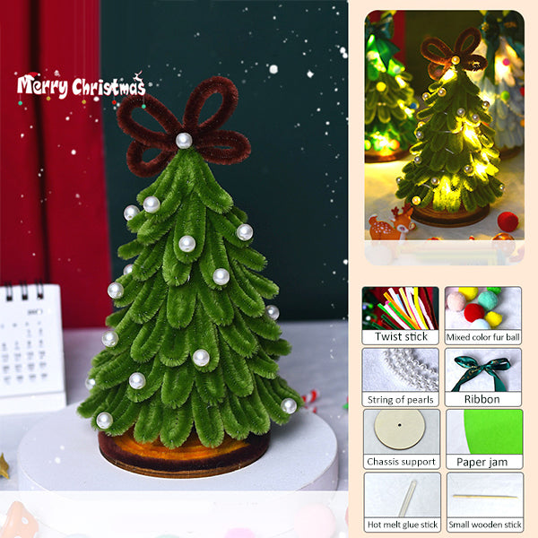 DIY Christmas tree craft kit box with all materials: pipe cleaners, beads, and star, ready to assemble