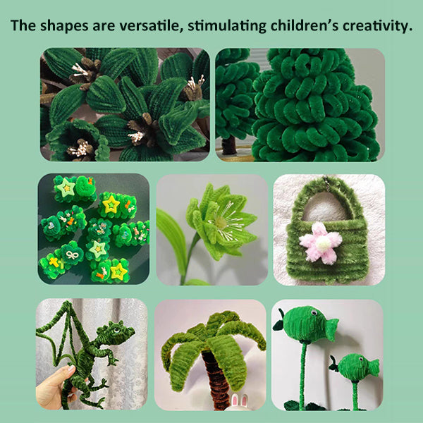 Hands assembling a small green pipe cleaner Christmas tree from a DIY craft kit, festive fun