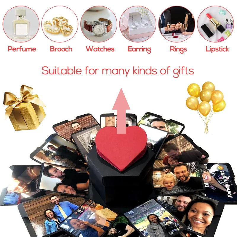 Hand holding a personalized explosion photo album, showcasing detailed scrapbook elements, a creative gift