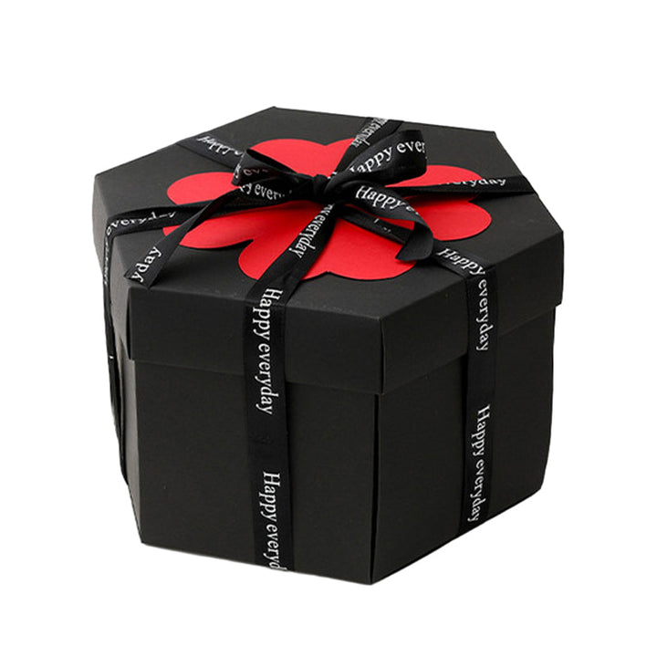 DIY creative photo explosion gift box, partially open, revealing multiple compartments for notes and small presents