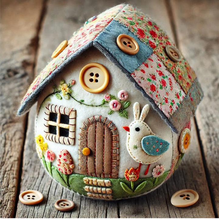 Completed felt Easter egg house, handmade craft with spring decorations