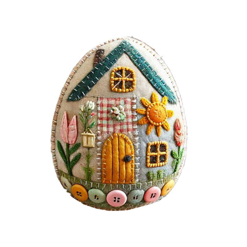 Felt Easter egg house displayed as festive spring decor on a mantelpiece