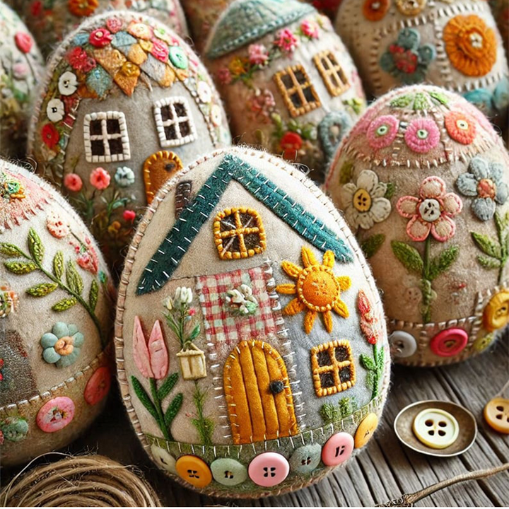 Felt bunny and chick figures being added to the Easter egg house craft
