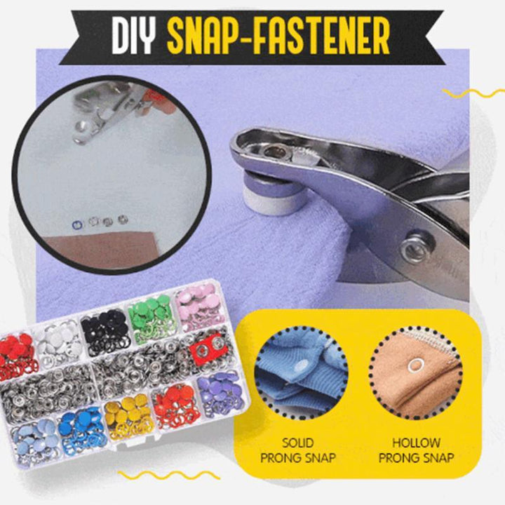 DIY metal snaps button kit for fabric and crafts, close-up of various colored fasteners