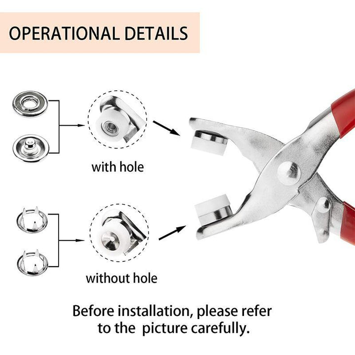 Hollow snap buttons kit with installation pliers, perfect for DIY sewing and repairs