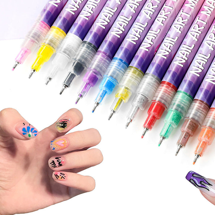 DIY Nail Art Precision Doodle Pen Set, 12 vibrant colors for intricate designs on nails