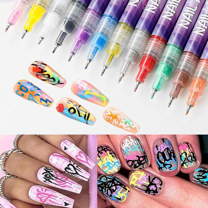DIY nail art doodle pen set with assorted designs, including floral and geometric patterns on nails