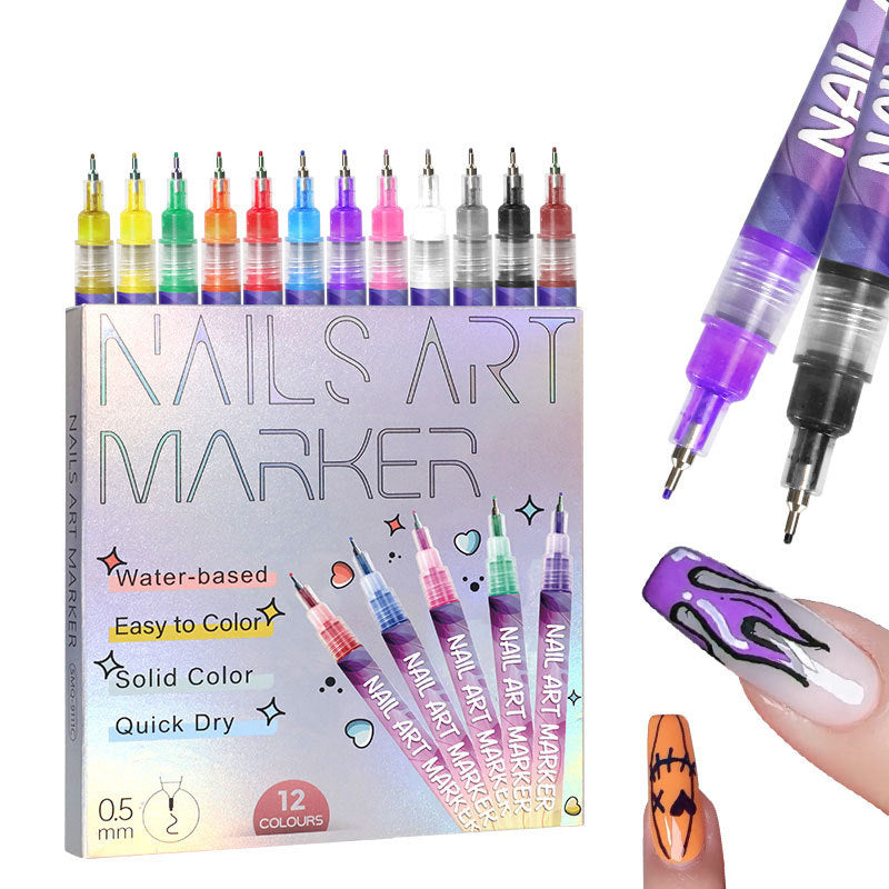 Assortment of 12 colorful DIY nail art pens, perfect for at-home manicures & beauty tools
