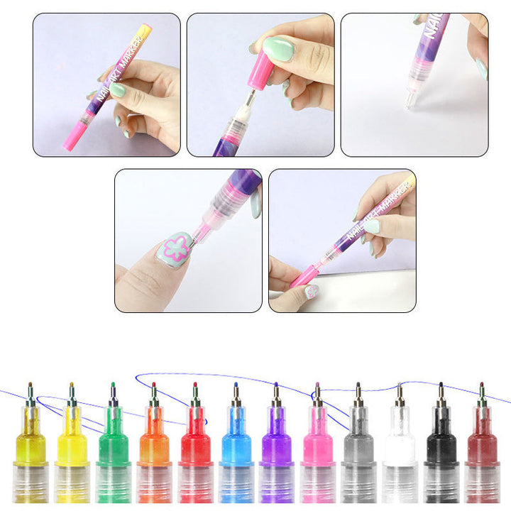 DIY nail art doodle pen set in a natural lighting, highlighting the range of colors for nails