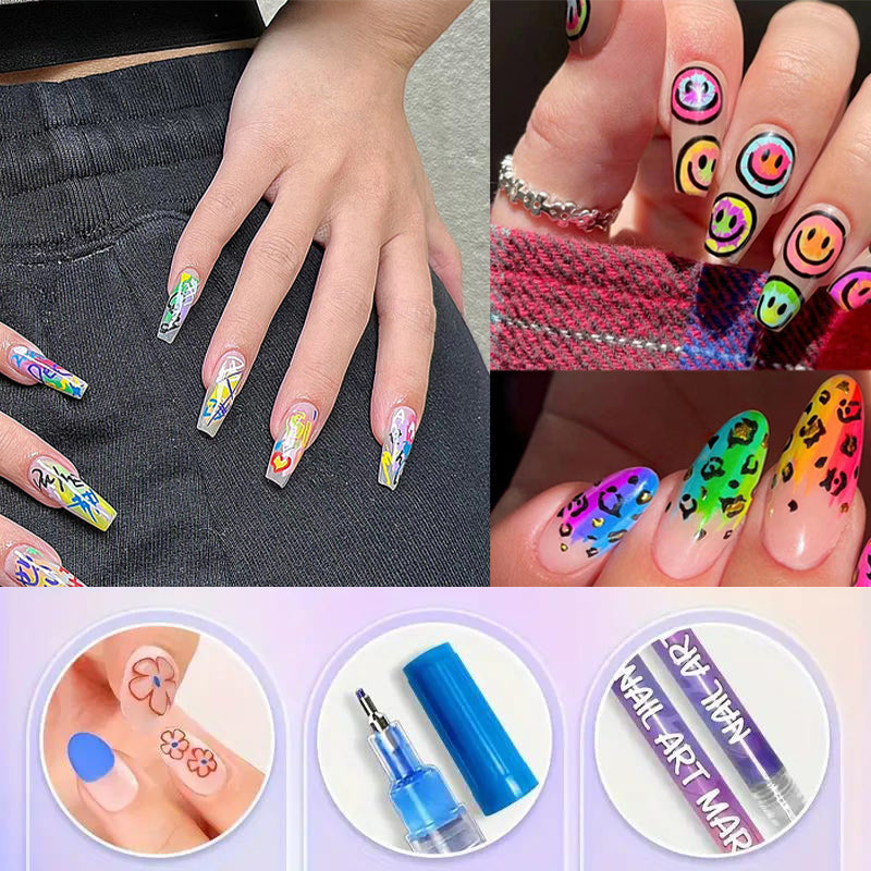 Open box of 12 DIY nail art precision doodle pens, essential for DIY nail art and cosmetics