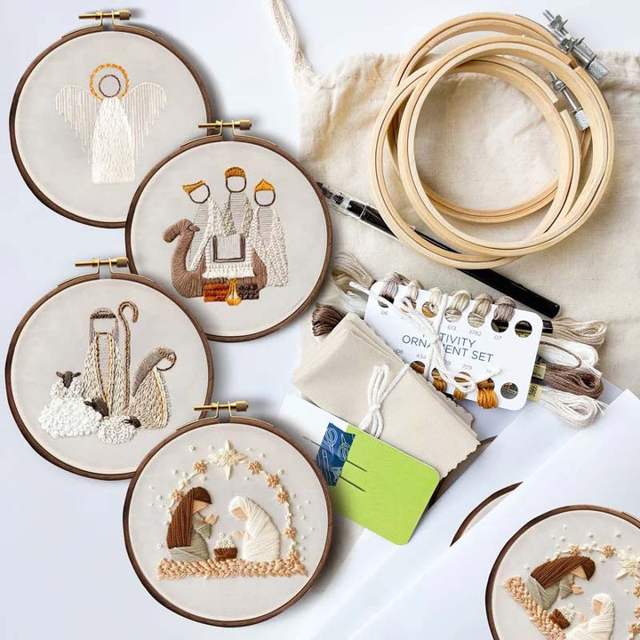 Close-up of Nativity Scene embroidery kit fabric with printed outline, great for DIY craft