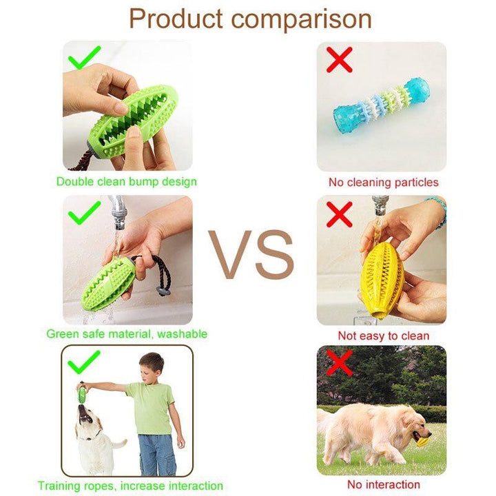 Dog playing fetch with a dental cleaning treat dispenser toy, engaging and healthy pet activity
