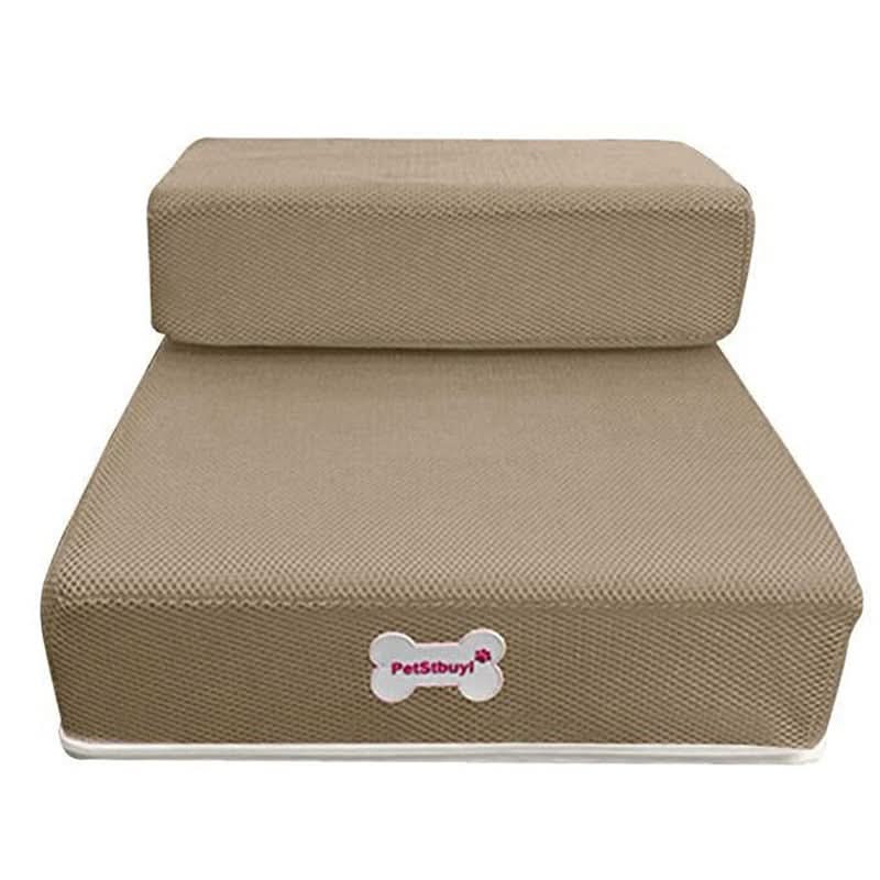 Gentle foam dog steps for joint support, ensuring safe and easy pet access to bed or couch.