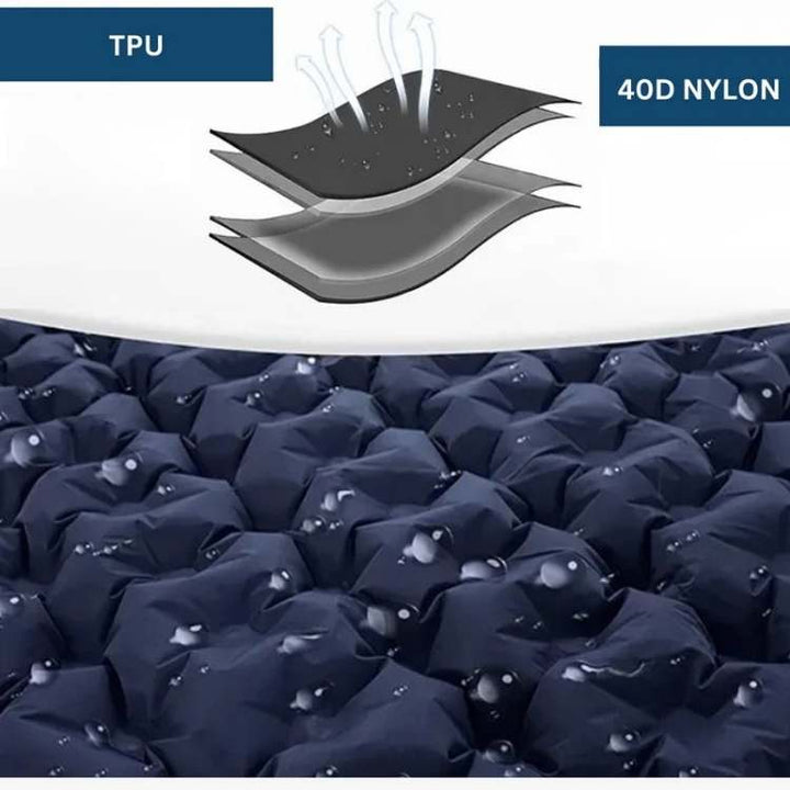 Comfortable 2-person air mattress for camping trips. Fast inflating, portable sleeping pad for outdoor use.