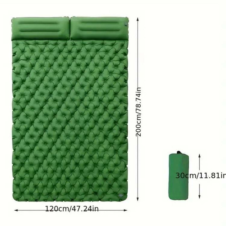 Fast-inflating double camping air mattress. Easy setup, comfortable 2-person sleeping pad for outdoor travel.