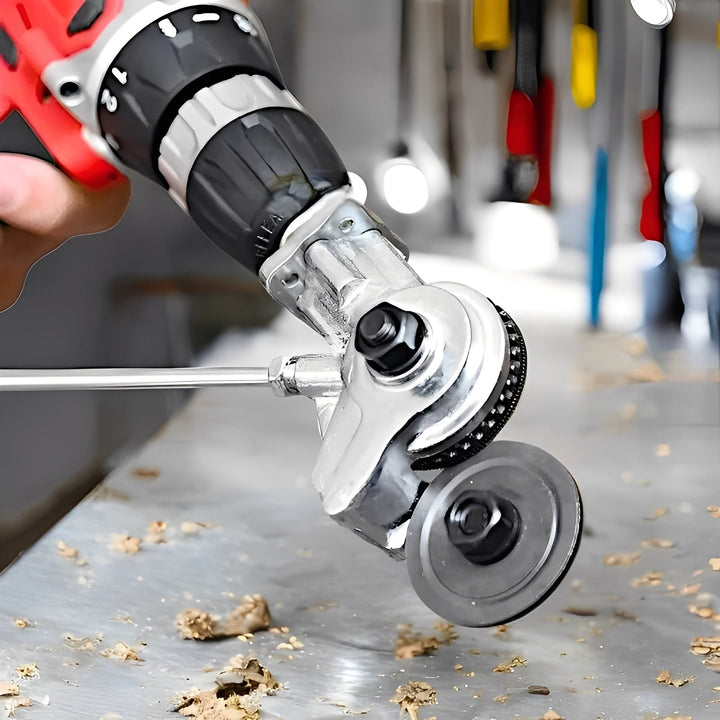 Drill Powered Metal Shear Attachment: Portable sheet metal cutter for steel, aluminum, & copper fabrication.