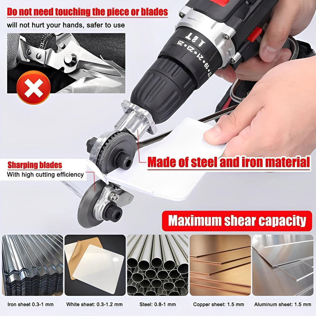 Portable Drill Attachment Metal Cutter: Ideal for metalworking projects, cutting sheet metal like steel, copper, & aluminum.