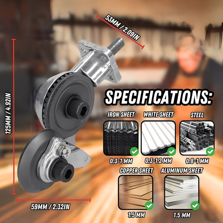 Sheet Metal Fabrication Tool: Electric drill attachment for clean cuts in steel, aluminum, and copper panels.