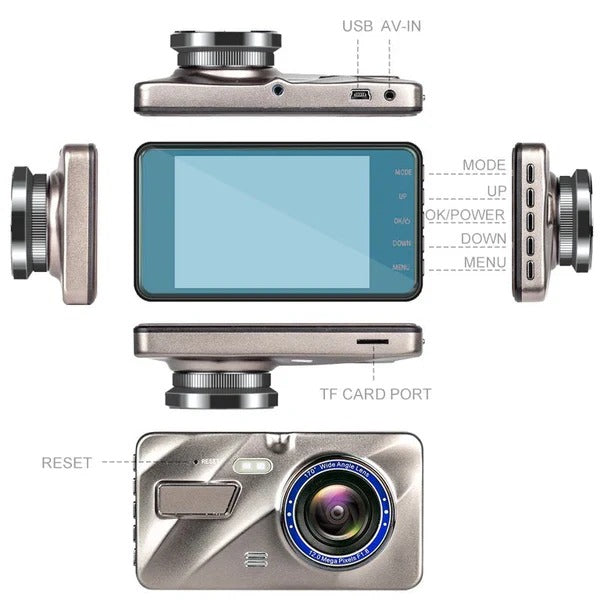 Compact 1080p HD dual dash cam, front & rear vehicle recorder, mounted inside a car with wide-angle view.
