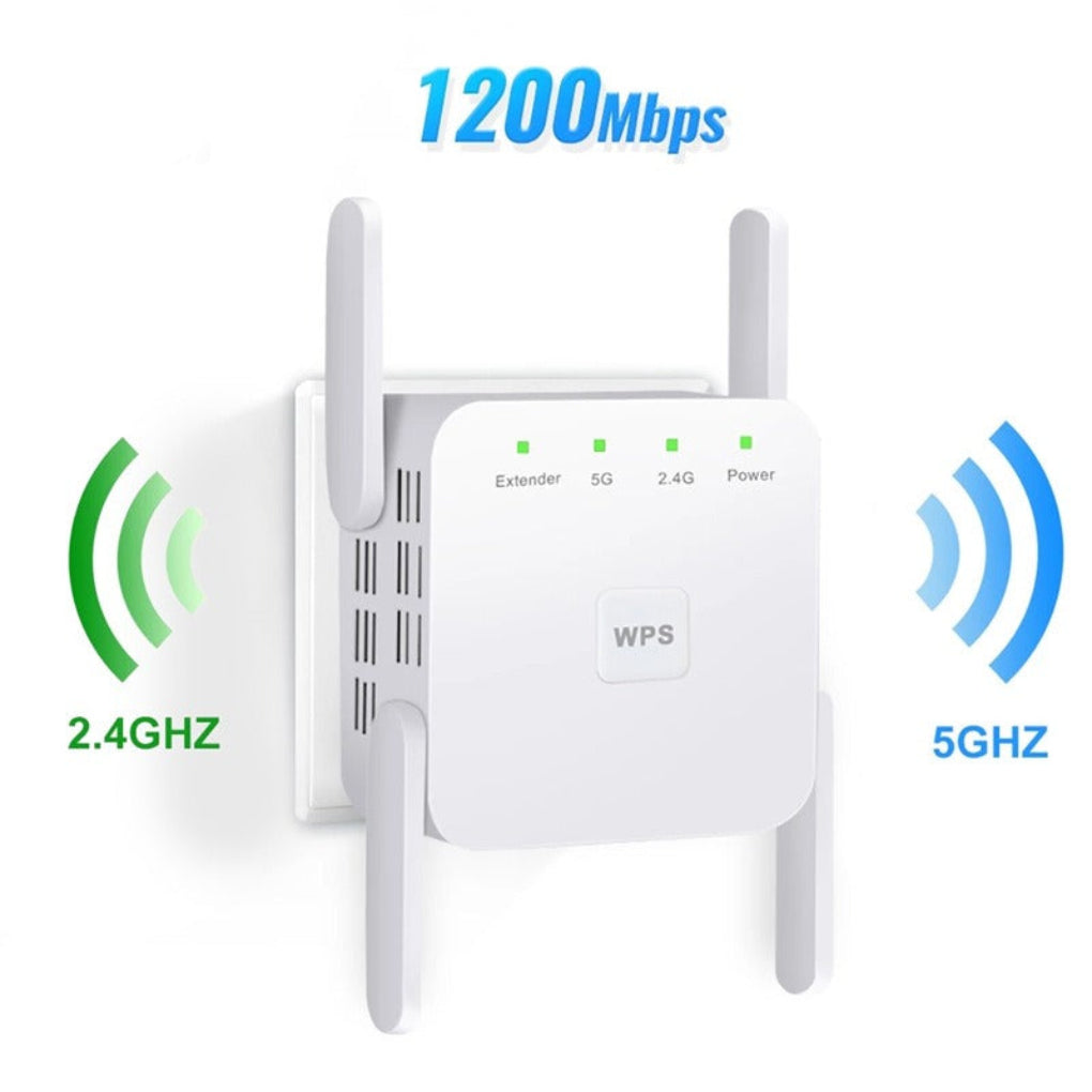 High-speed dual-band 5G WiFi extender/repeater; boosts wireless signal for seamless home or office internet.