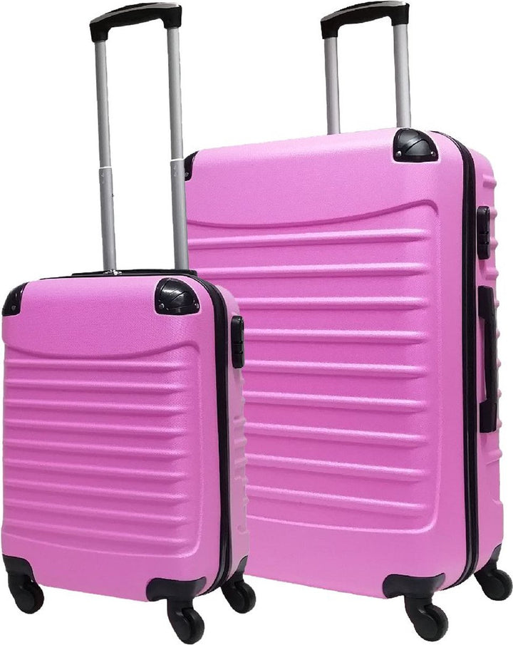 Pink hardshell 2-piece luggage set: carry-on and checked suitcase with smooth spinner wheels for travel.