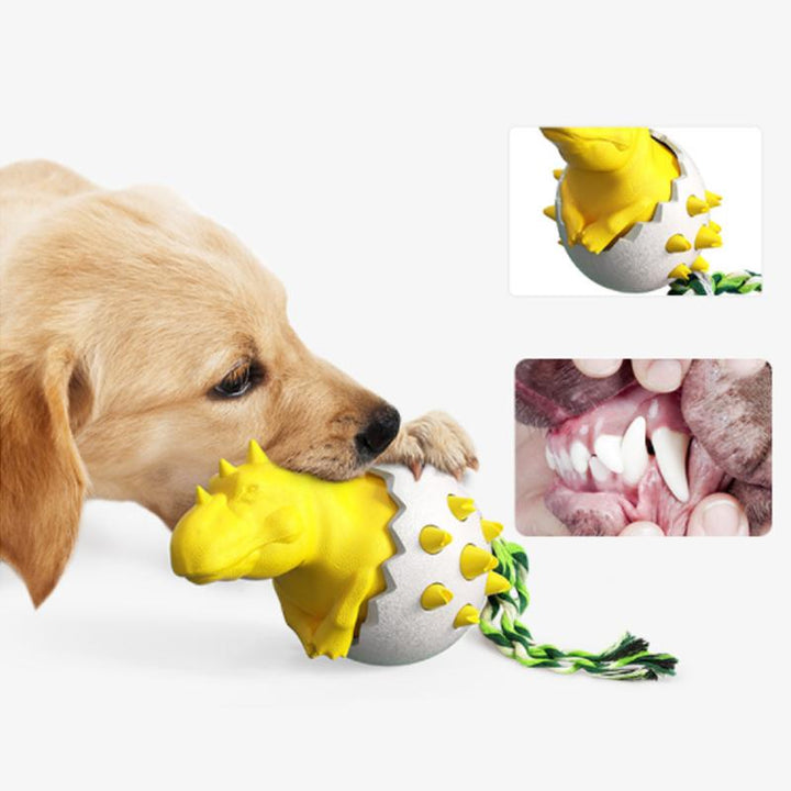Durable dog chew toy shaped like a dinosaur egg for puppies and adult dogs, promoting dental health.