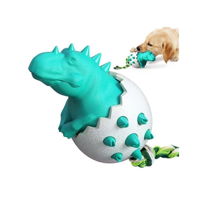 Packaging for a dinosaur egg chew toy for dogs, indicating it's a 'durable dog toy' and 'dog dental' product.